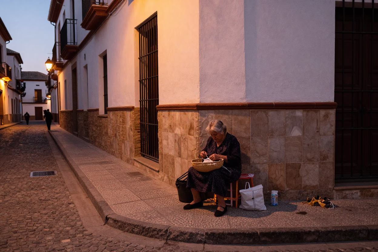Street Corner in Granada at Copper-toned Light Before Dusk in in Granada, Spain
