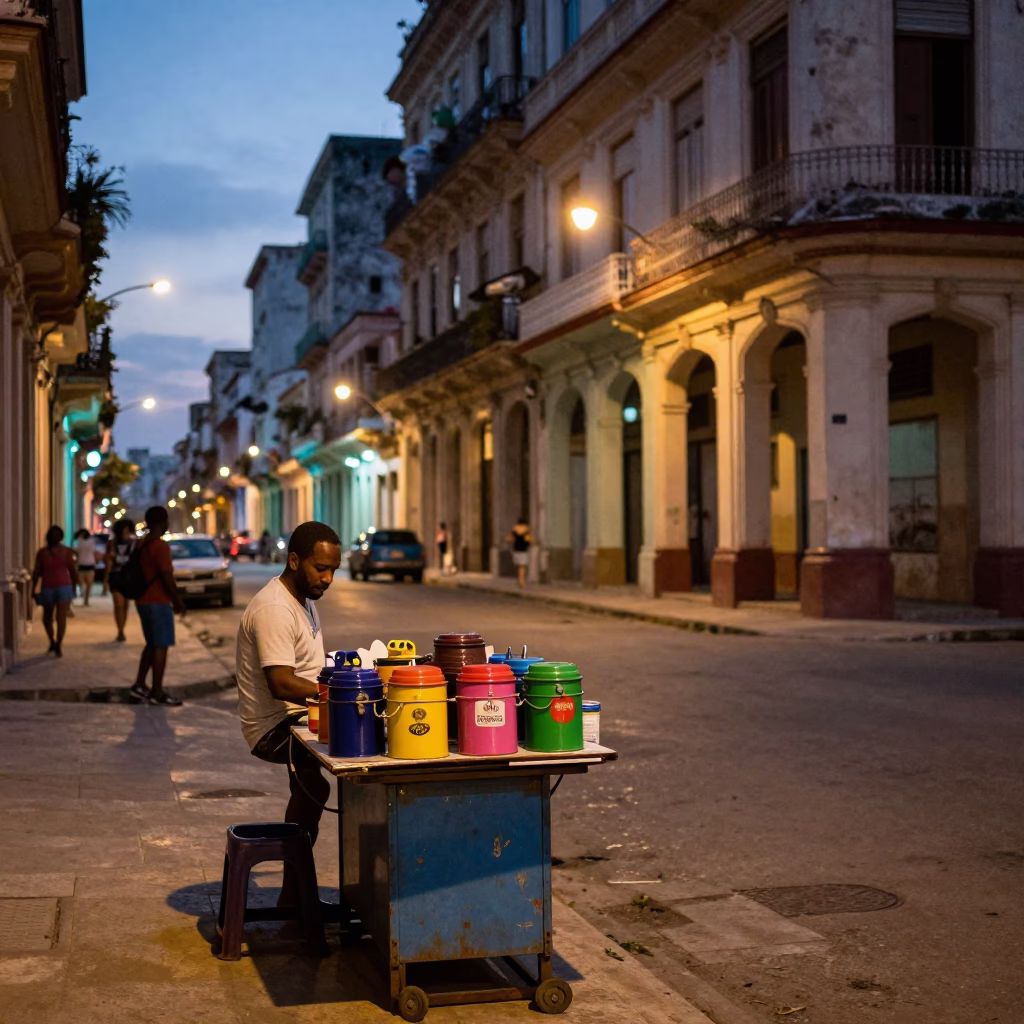 Street Corner in Havana at As City Lights Begin To Glow in in Havana, Cuba