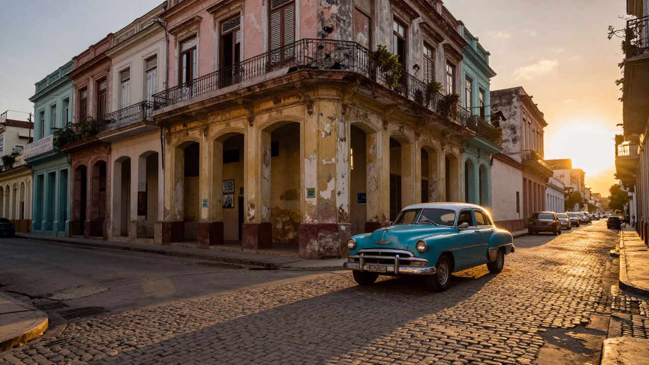 Street Corner in Havana at As The Sun Drops Toward The Horizon in in Havana, Cuba