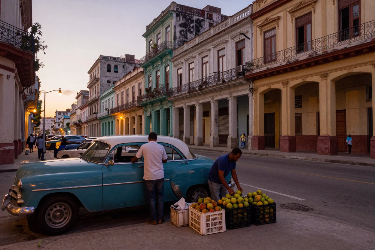 Street Corner in Havana at Nautical Dawn Light in in Havana, Cuba