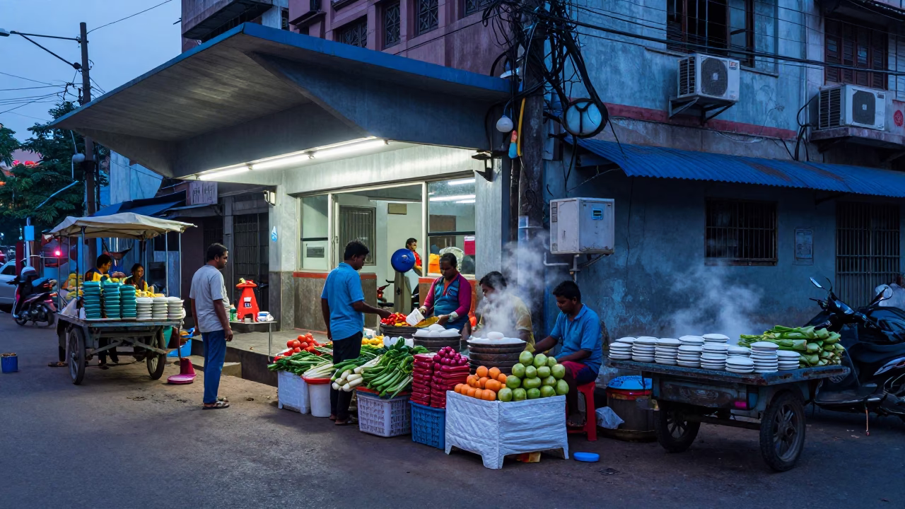 Street Corner in Hyderabad at Nautical Dawn Light in in Hyderabad, India