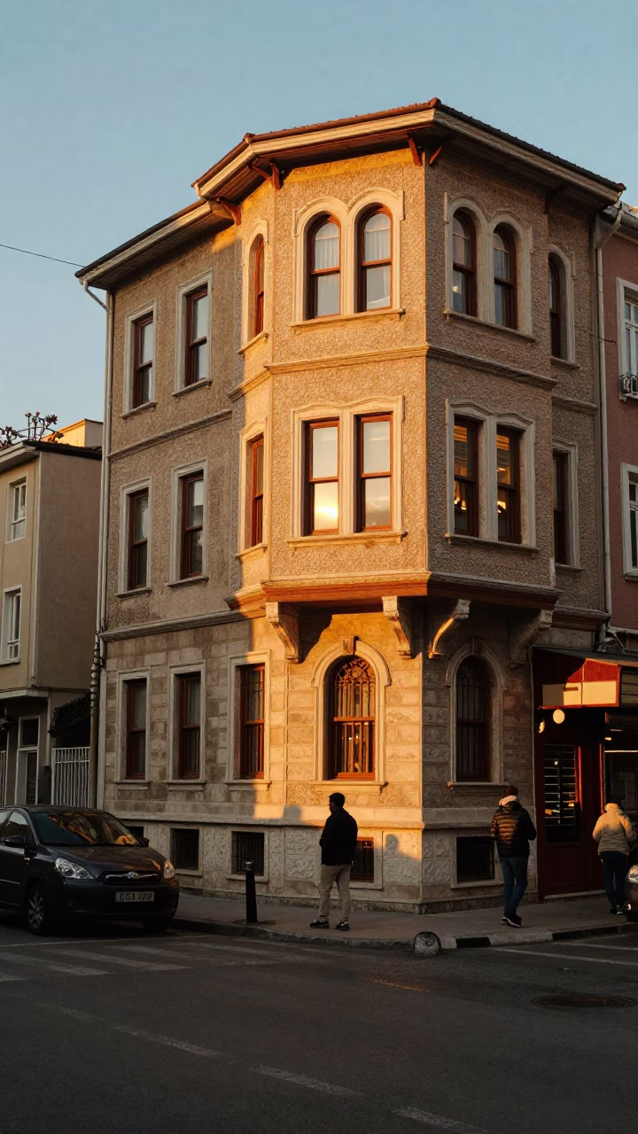 Street Corner in Istanbul at As The Sun Drops Toward The Horizon in in Istanbul, Turkey