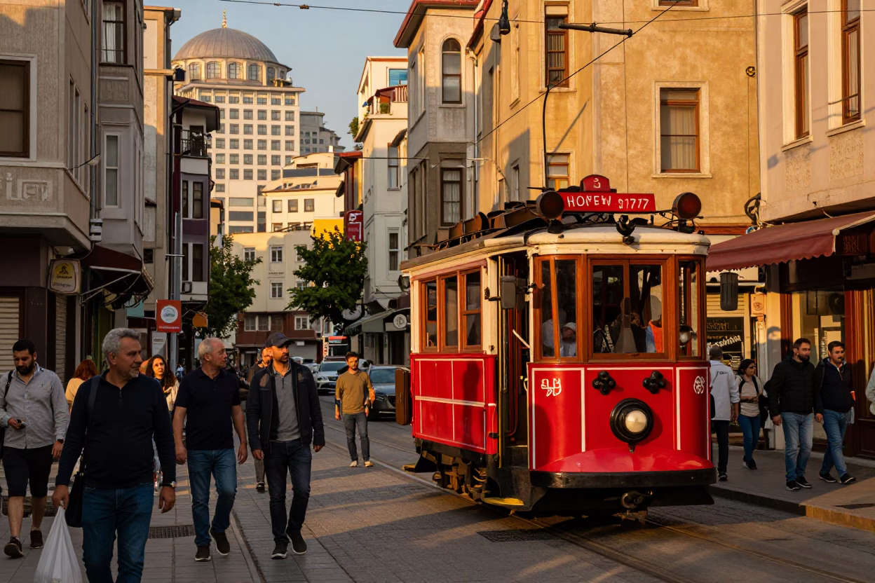 Street Corner in Istanbul at Honeyed Evening Light in in Istanbul, Turkey