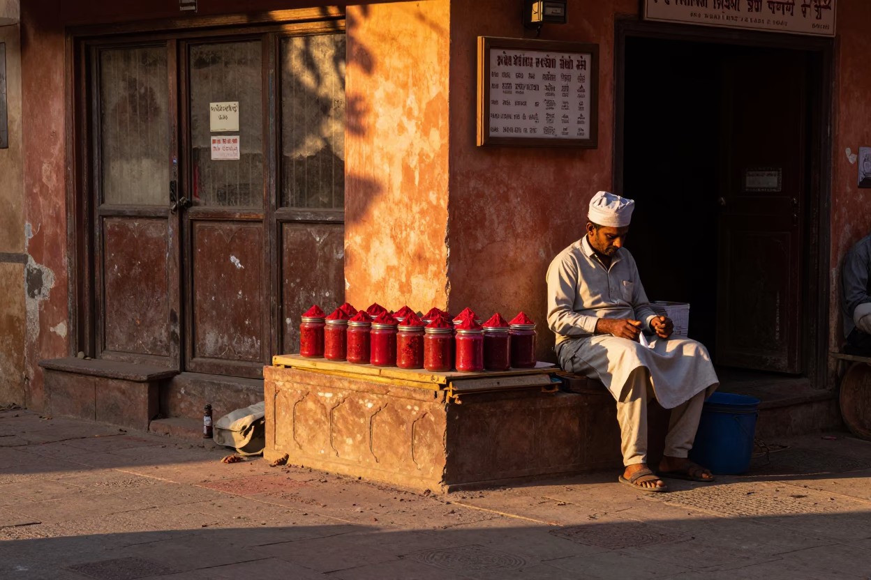 Street Corner in Jaipur at Honeyed Evening Light in in Jaipur, India