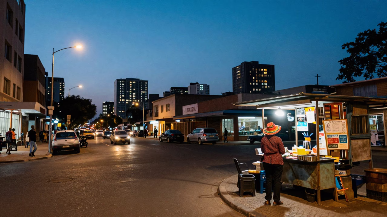Street Corner in Johannesburg at As City Lights Begin To Glow in in Johannesburg, South Africa