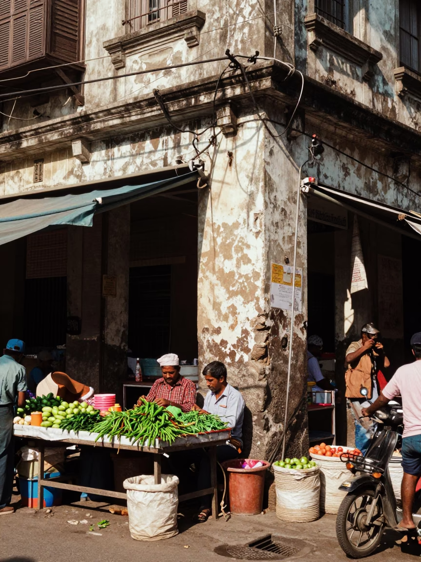 Street Corner in Kolkata at Bright Midmorning Light in in Kolkata, India