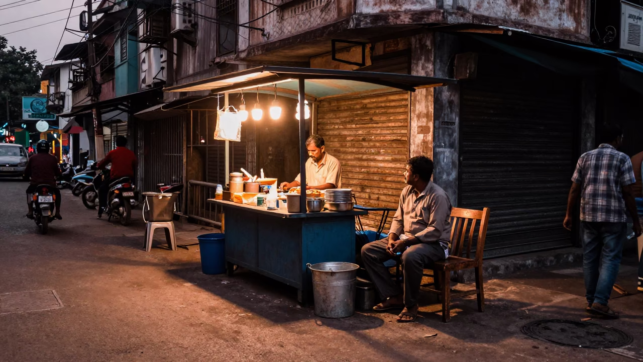 Street Corner in Kolkata at Copper-toned Light Before Dusk in in Kolkata, India