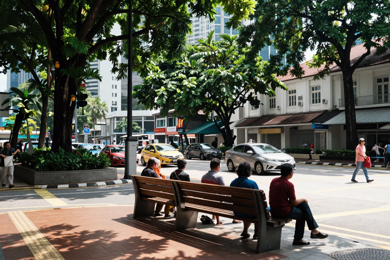Street Corner in Kuala Lumpur at Bright Midmorning Light in in Kuala Lumpur, Malaysia