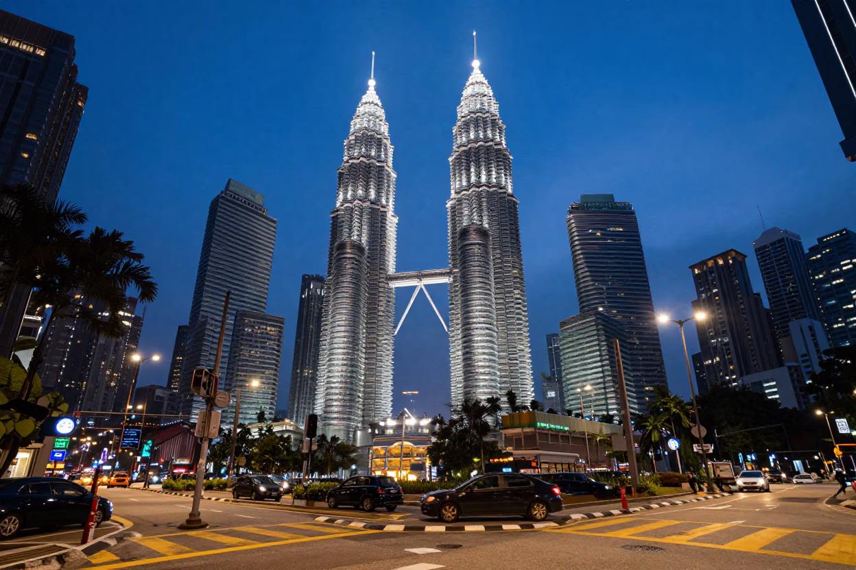 Street Corner in Kuala Lumpur at Indigo Twilight After Sunset in in Kuala Lumpur, Malaysia