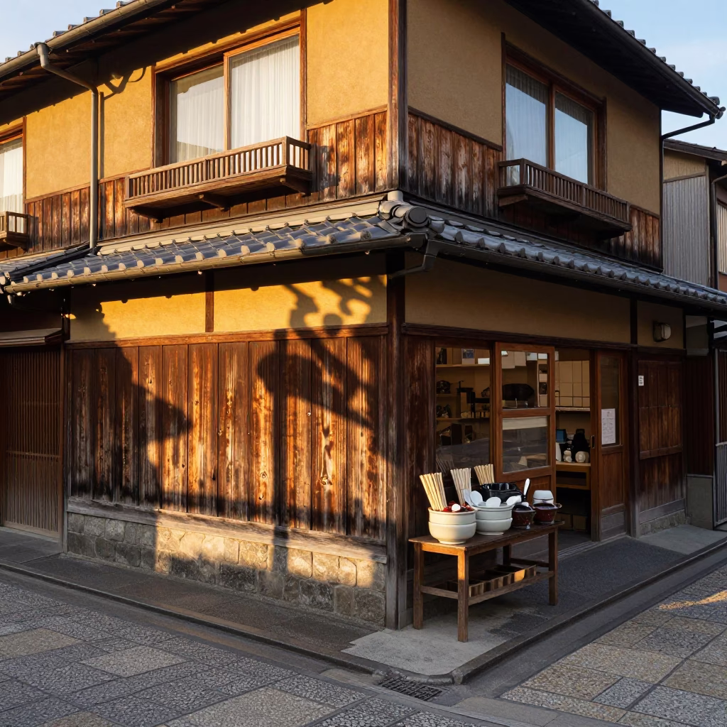 Street Corner in Kyoto at Honeyed Evening Light in in Kyoto, Japan