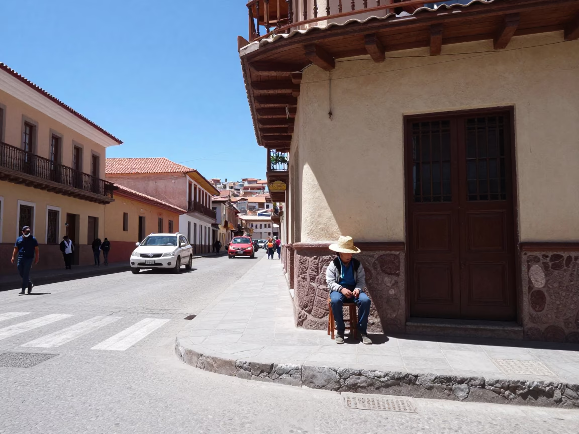 Street Corner in La Paz at The Flat Glare Of Noon Light in in La Paz, Bolivia