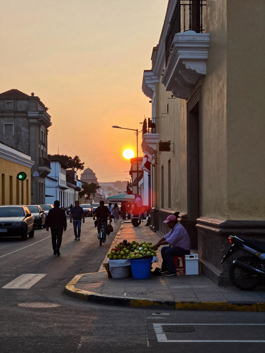 Street Corner in Lima at As The Sun Drops Toward The Horizon in in Lima, Peru