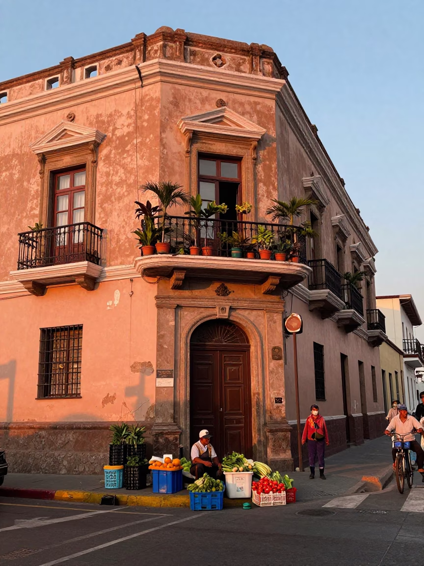 Street Corner in Lima at Copper-toned Light Before Dusk in in Lima, Peru