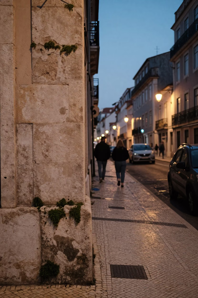 Street Corner in Lisbon at As City Lights Begin To Glow in in Lisbon, Portugal