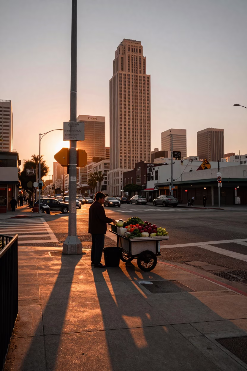 Street Corner in Los Angeles at Copper-toned Light Before Dusk in in Los Angeles, California, United States