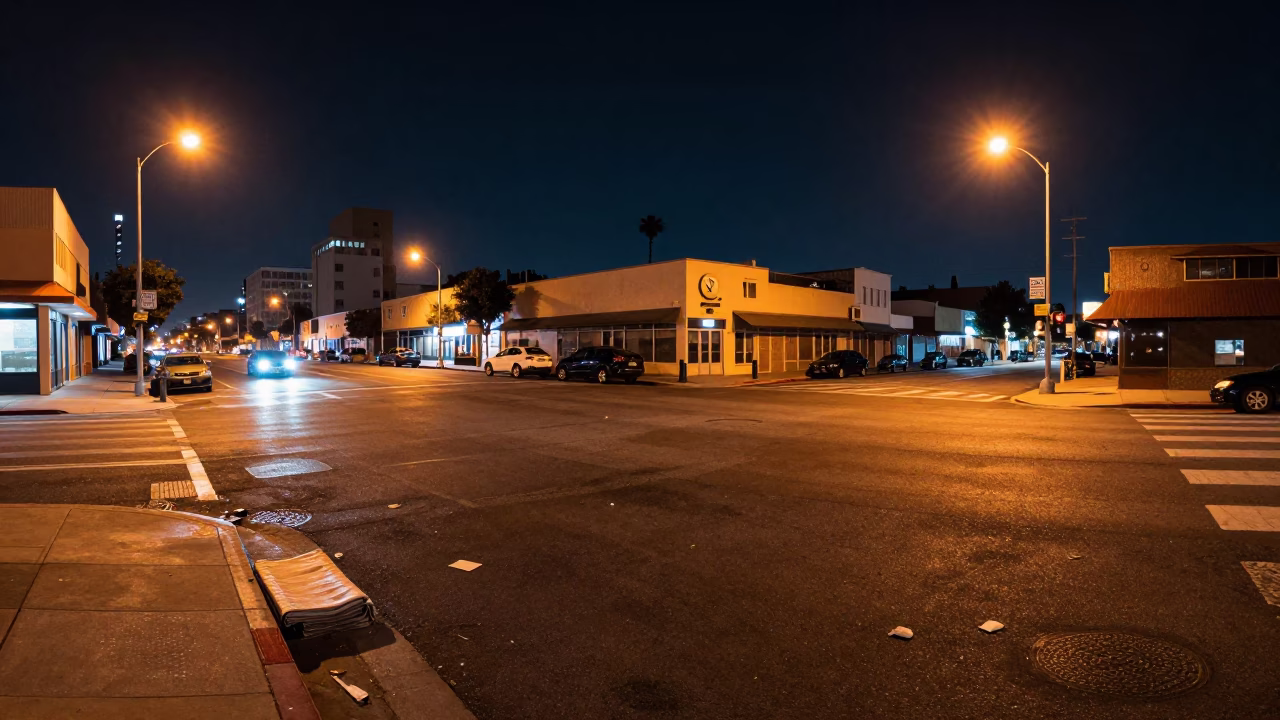 Street Corner in Los Angeles at Late At Night Light in in Los Angeles, California, United States