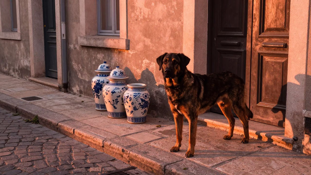 Street Corner in Lyon at Copper-toned Light Before Dusk in in Lyon, France