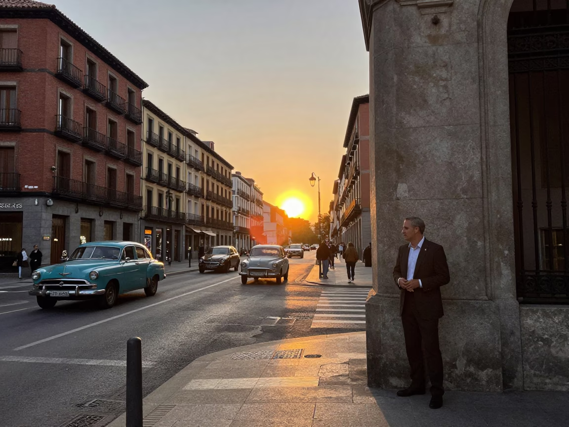 Street Corner in Madrid at As The Sun Drops Toward The Horizon in in Madrid, Spain