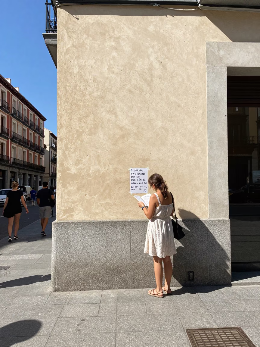Street Corner in Madrid at Bright Midmorning Light in in Madrid, Spain