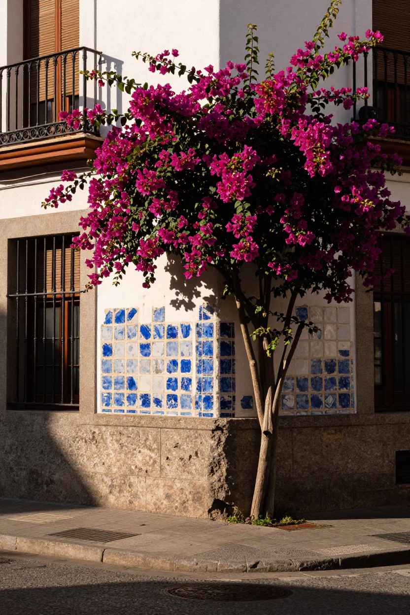 Street Corner in Madrid at Late Afternoon Light in in Madrid, Spain