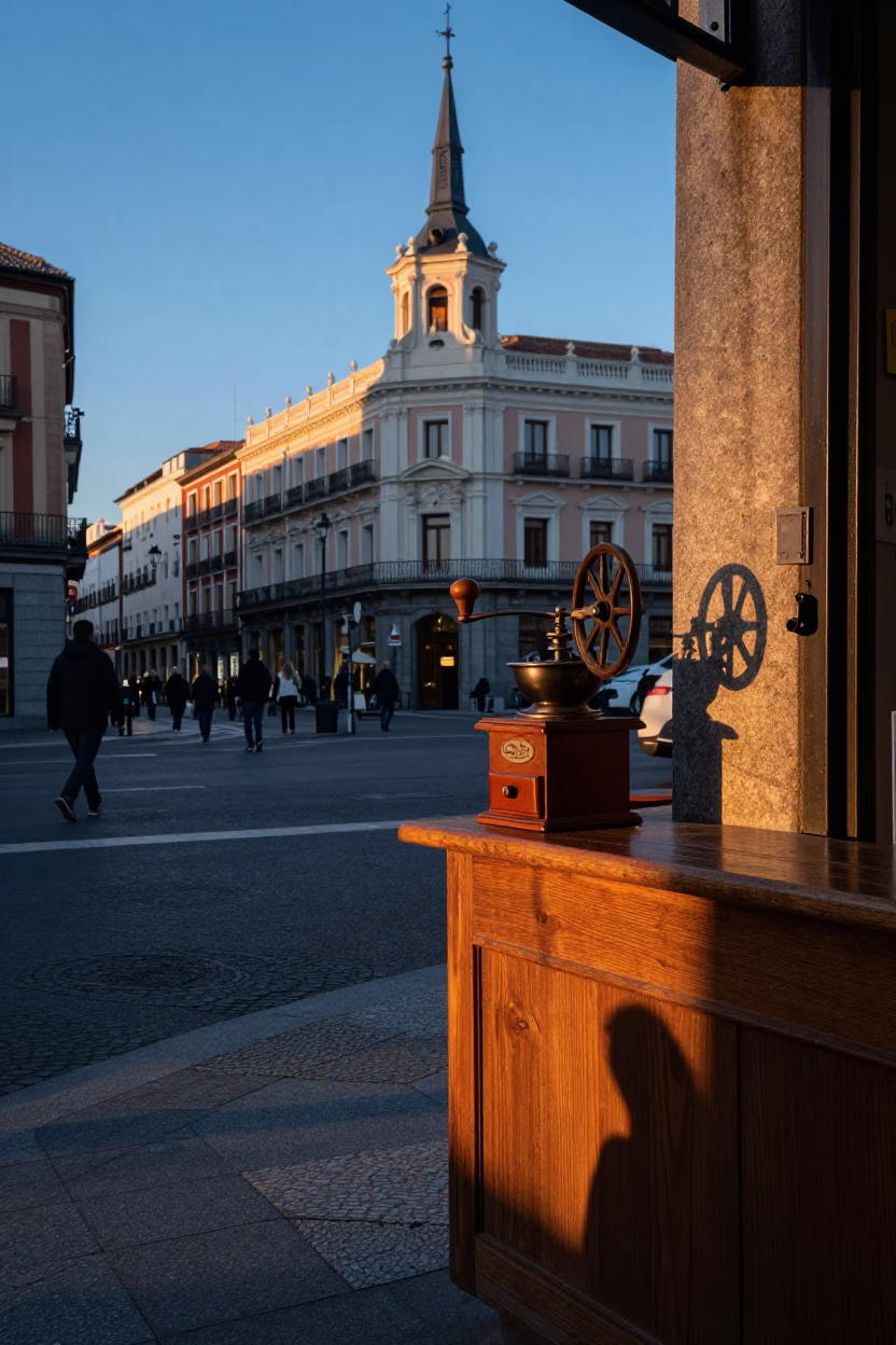 Street Corner in Madrid at Nautical Dawn Light in in Madrid, Spain