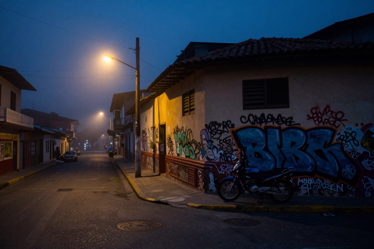 Street Corner in Medellin at The Predawn Darkness Light in in Medellin, Colombia