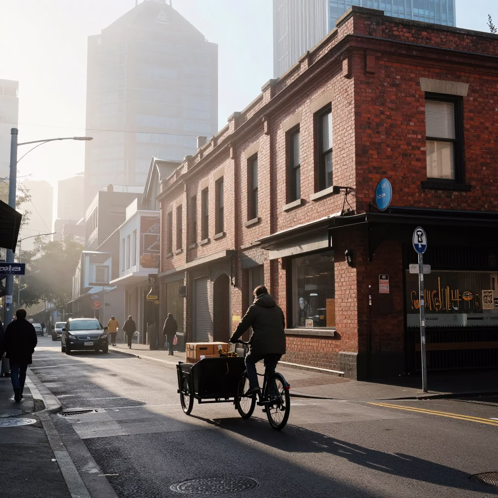 Street Corner in Melbourne at As First Light Reaches The Scene in in Melbourne, Victoria, Australia