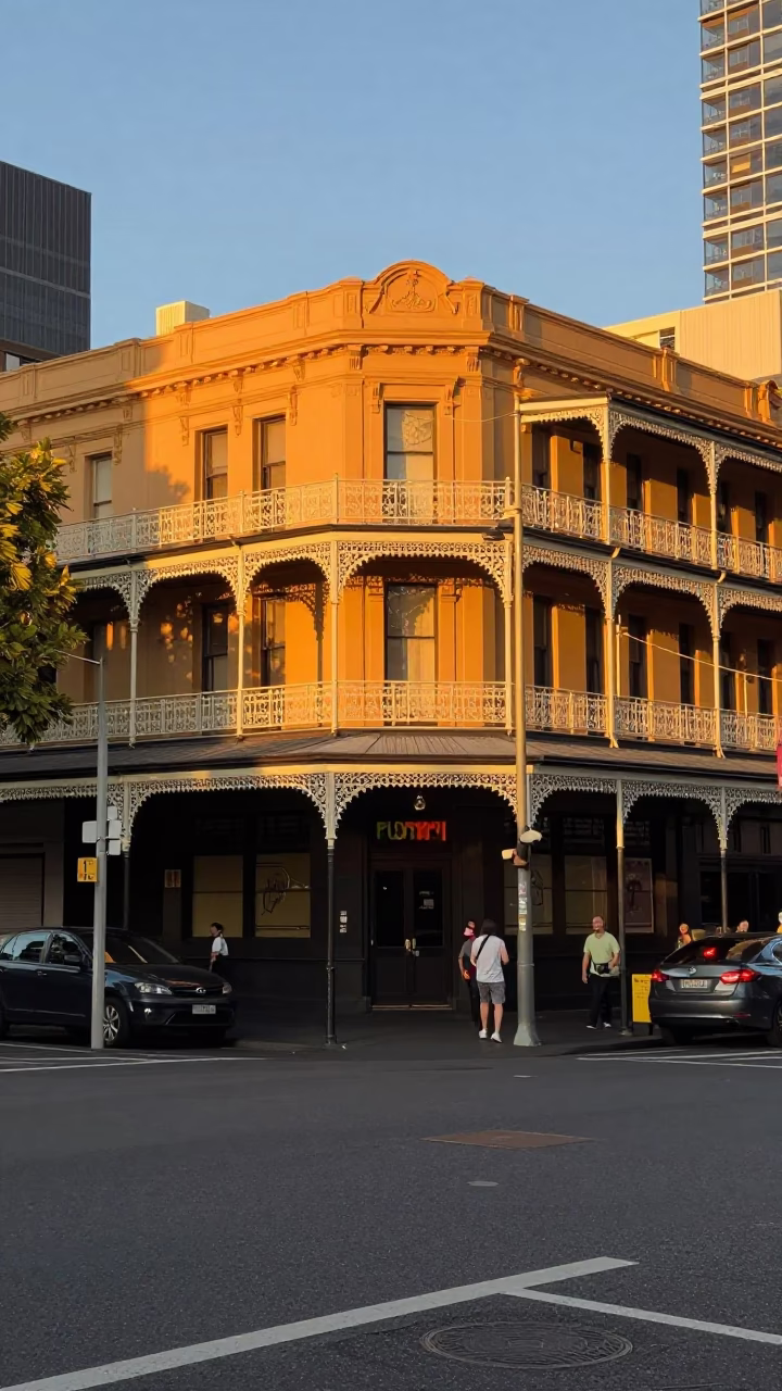 Street Corner in Melbourne at Honeyed Evening Light in in Melbourne, Victoria, Australia