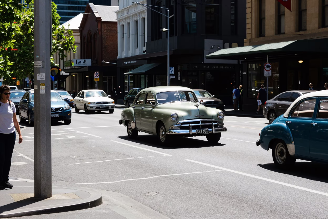 Street Corner in Melbourne at The Flat Glare Of Noon Light in in Melbourne, Victoria, Australia