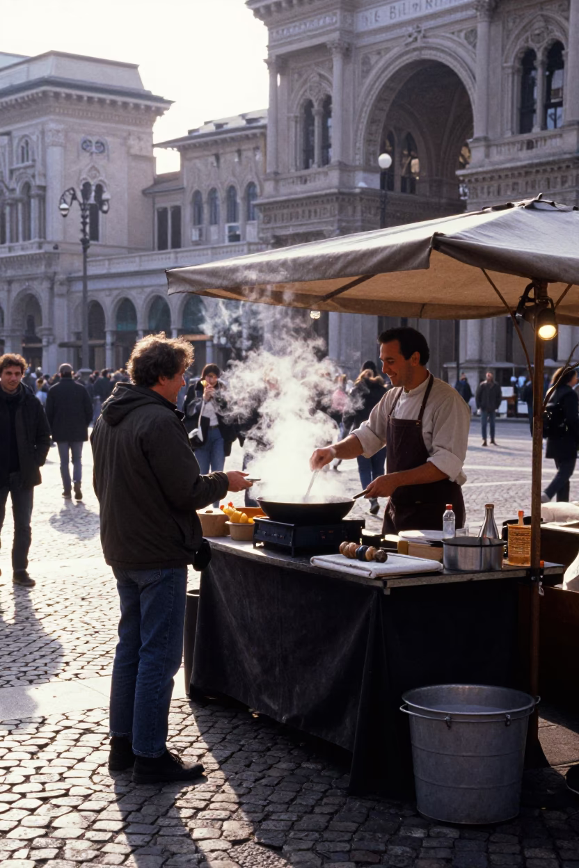 Street Corner in Milan at As First Light Reaches The Scene in in Milan, Italy