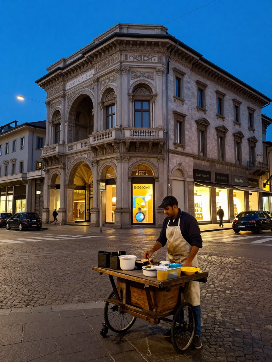 Street Corner in Milan at Blue Hour in in Milan, Italy