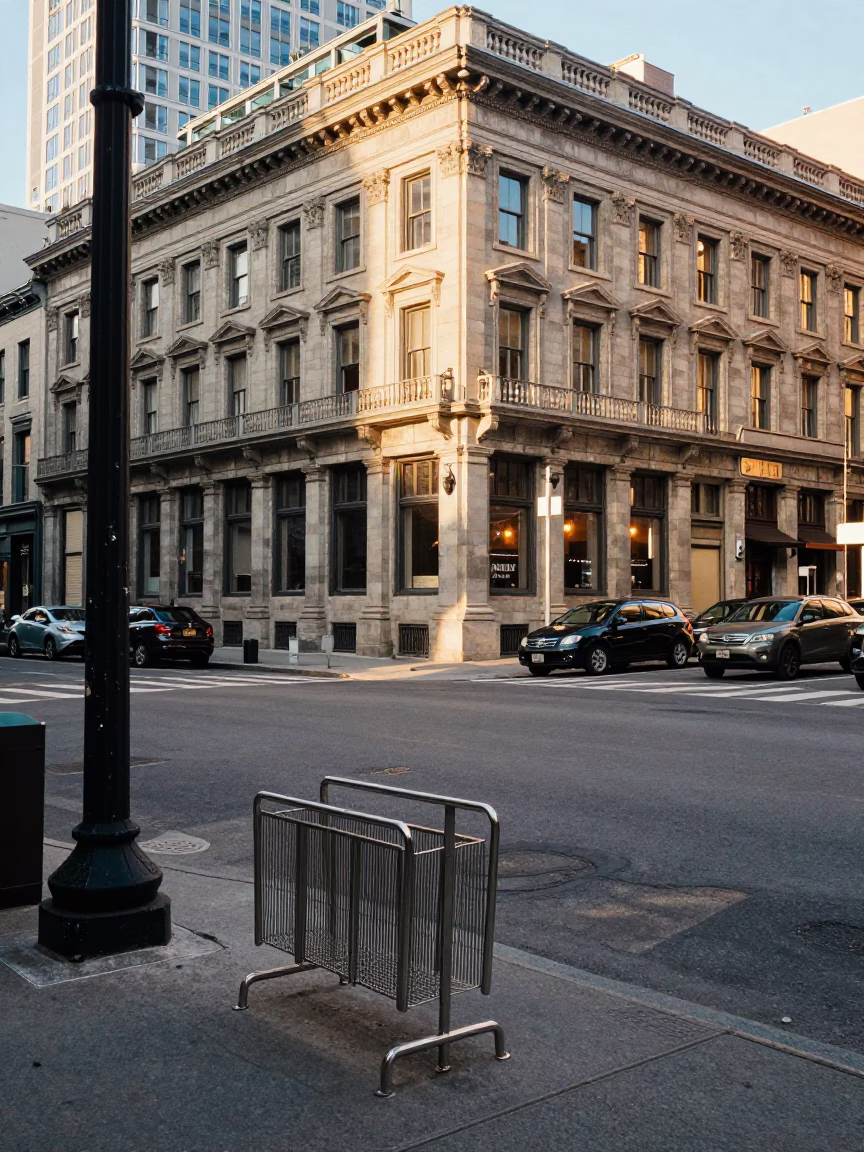 Street Corner in Montreal at As First Light Reaches The Scene in in Montreal, Quebec, Canada