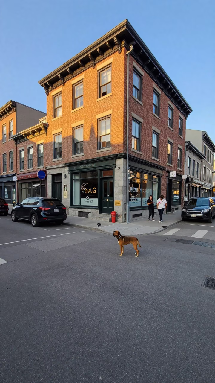 Street Corner in Montreal at Honeyed Evening Light in in Montreal, Quebec, Canada