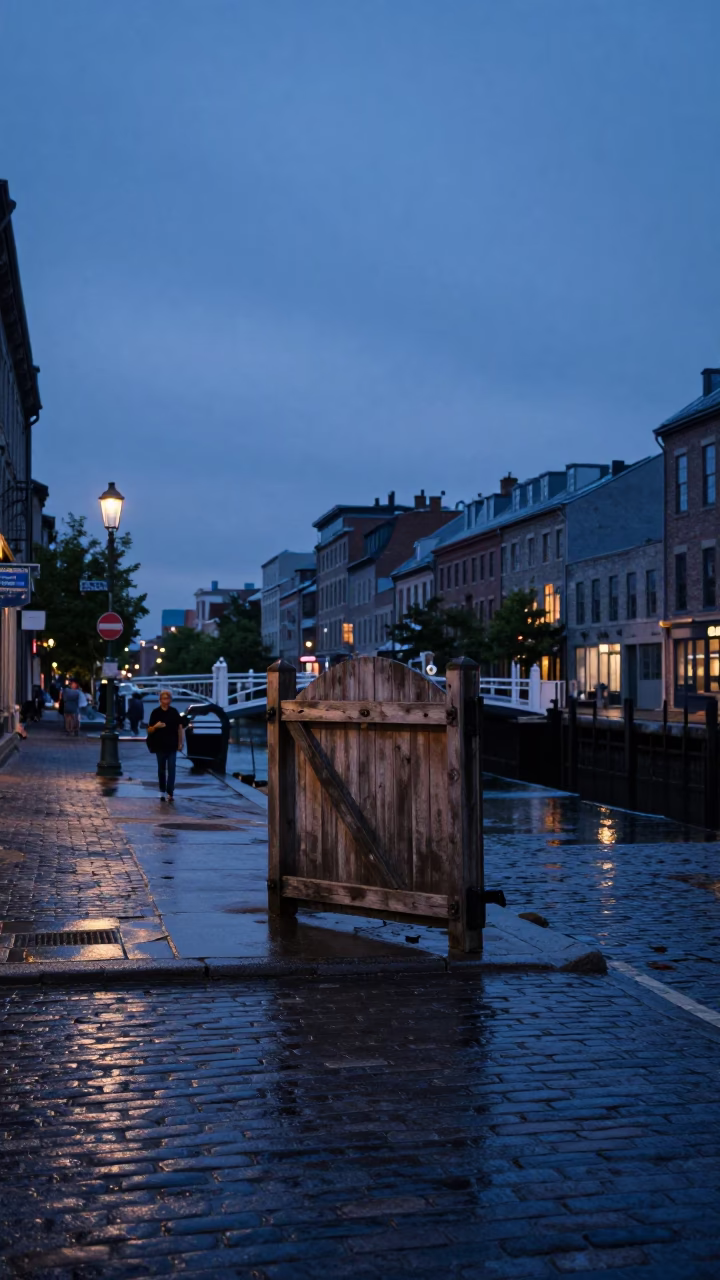 Street Corner in Montreal at Indigo Twilight After Sunset in in Montreal, Quebec, Canada