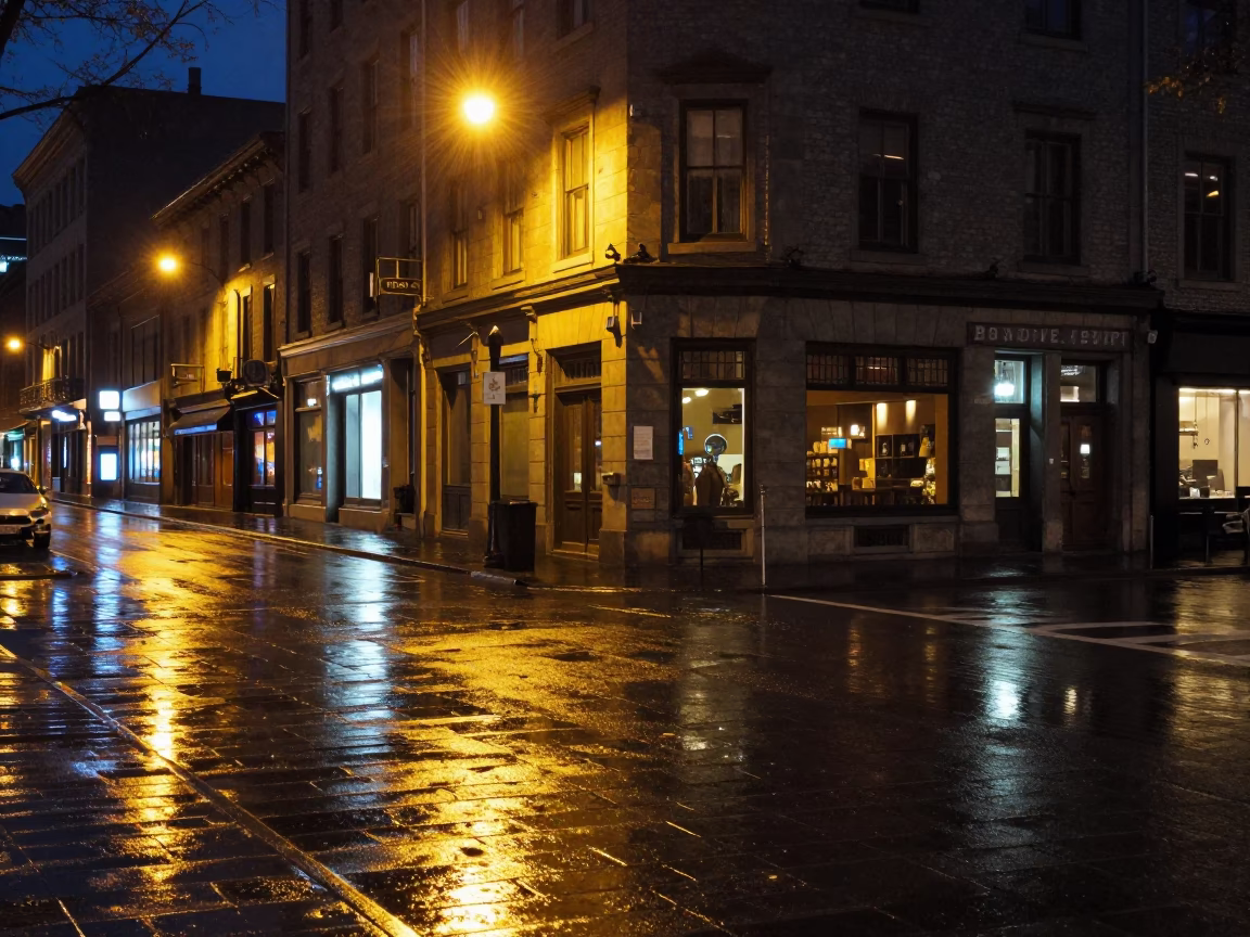 Street Corner in Montreal at Late At Night Light in in Montreal, Quebec, Canada