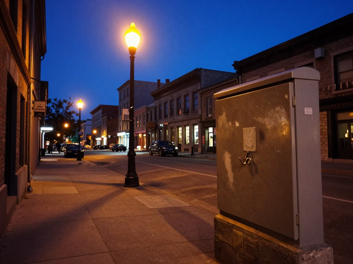 Street Corner in Montreal at Midnight Light in in Montreal, Quebec, Canada
