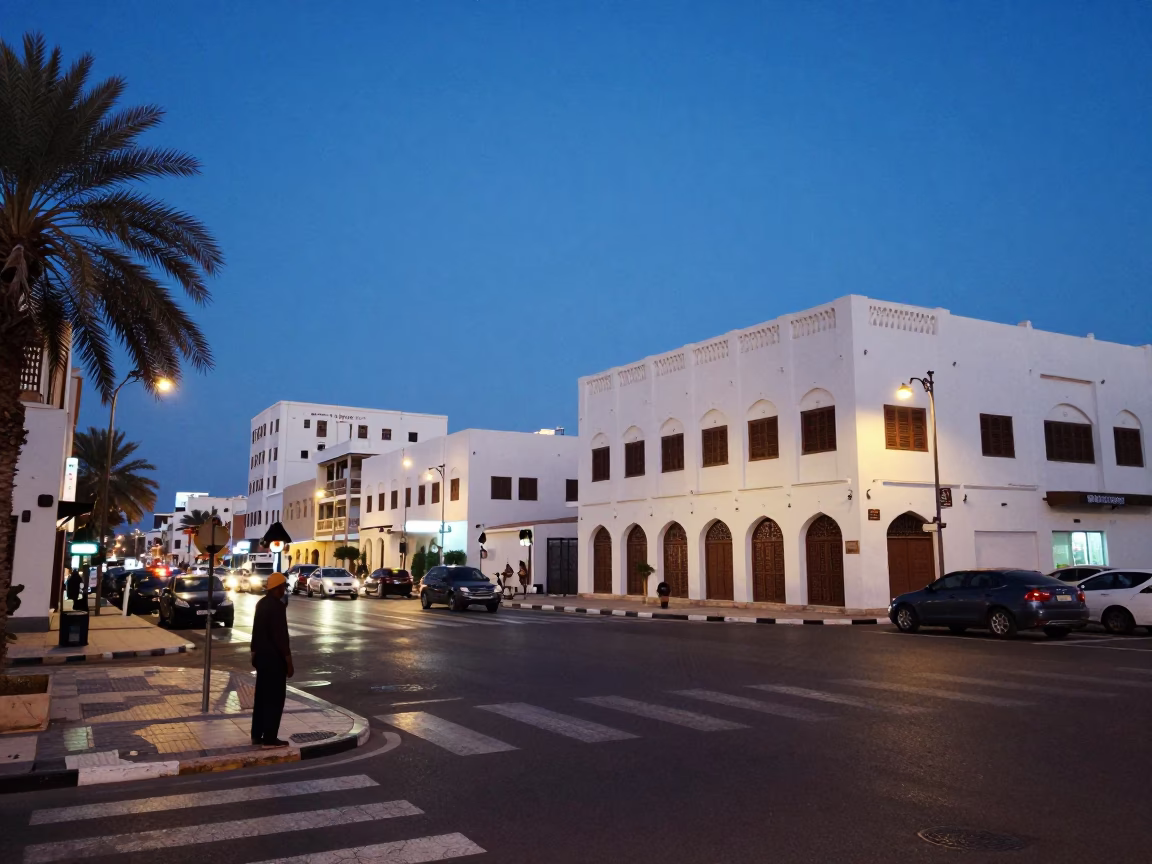 Street Corner in Muscat at Indigo Twilight After Sunset in in Muscat, Oman