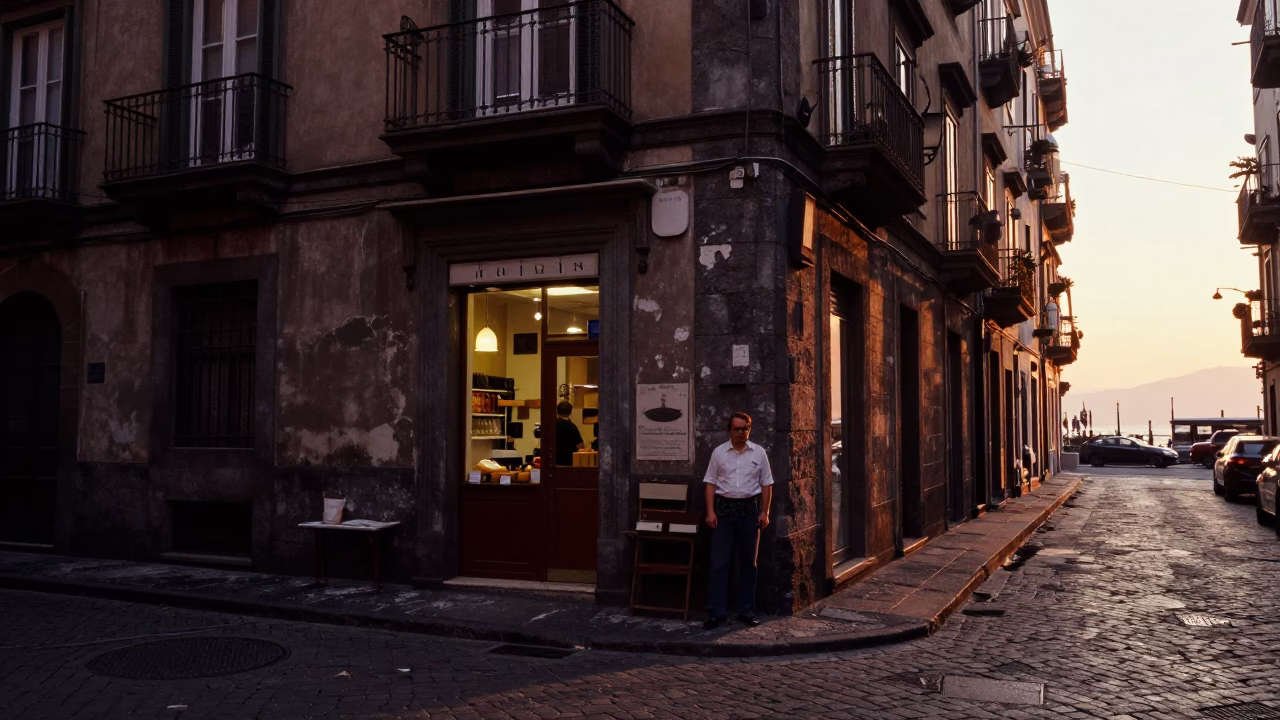 Street Corner in Naples at First Light Of Dawn in in Naples, Italy