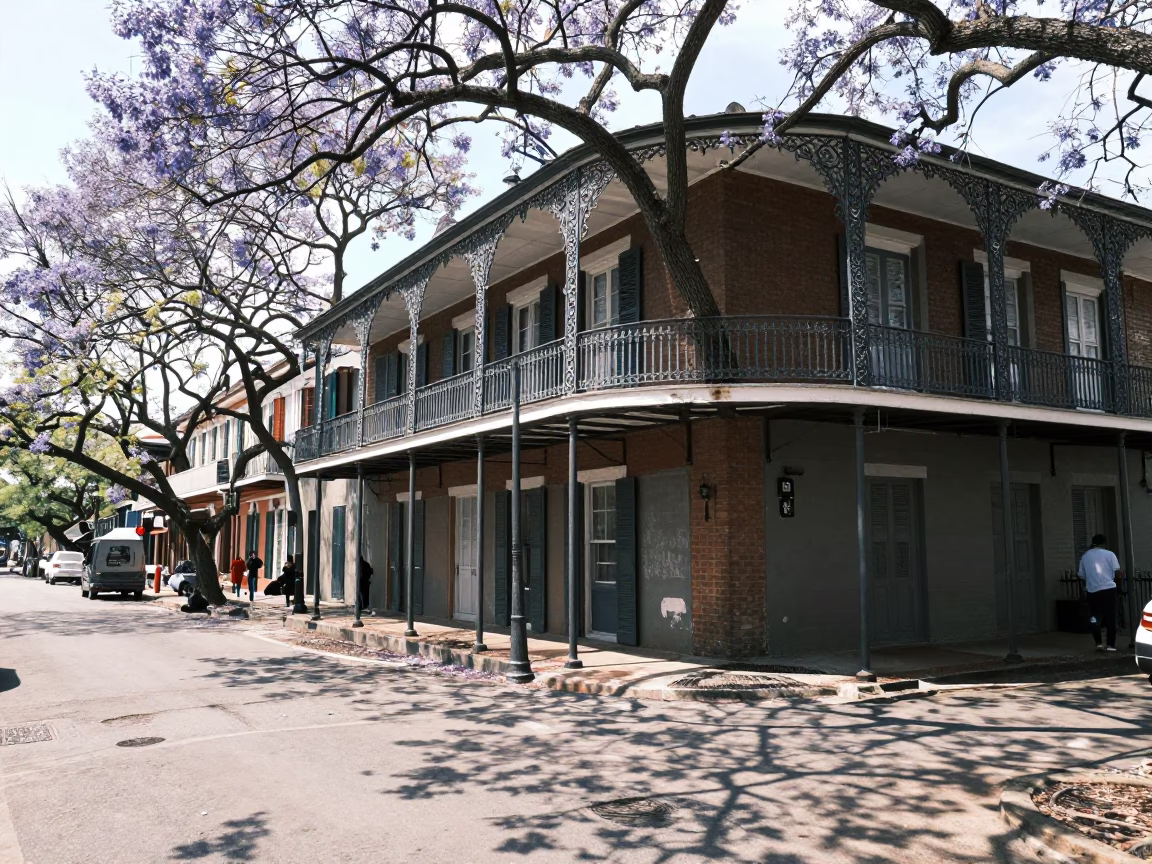 Street Corner in New Orleans at Bright Midmorning Light in in New Orleans, Louisiana, United States
