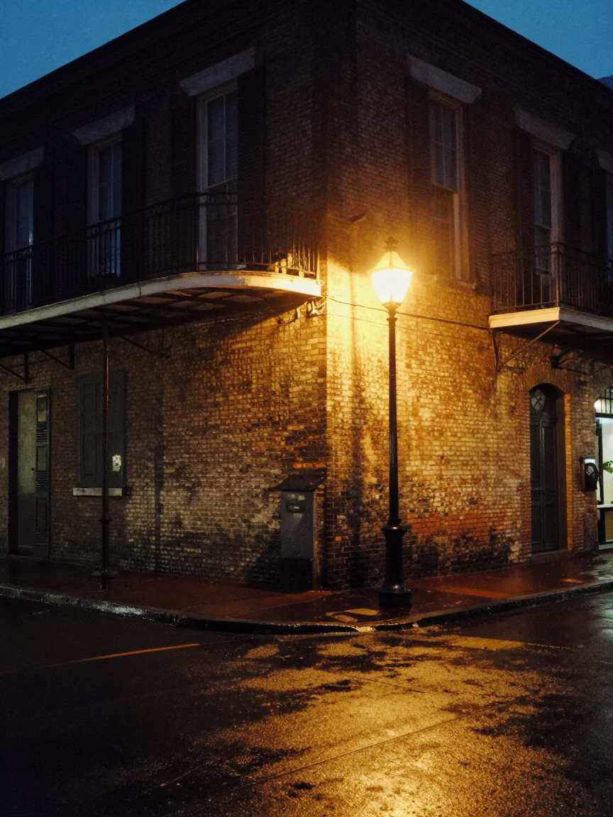 Street Corner in New Orleans at Midnight Light in in New Orleans, Louisiana, United States