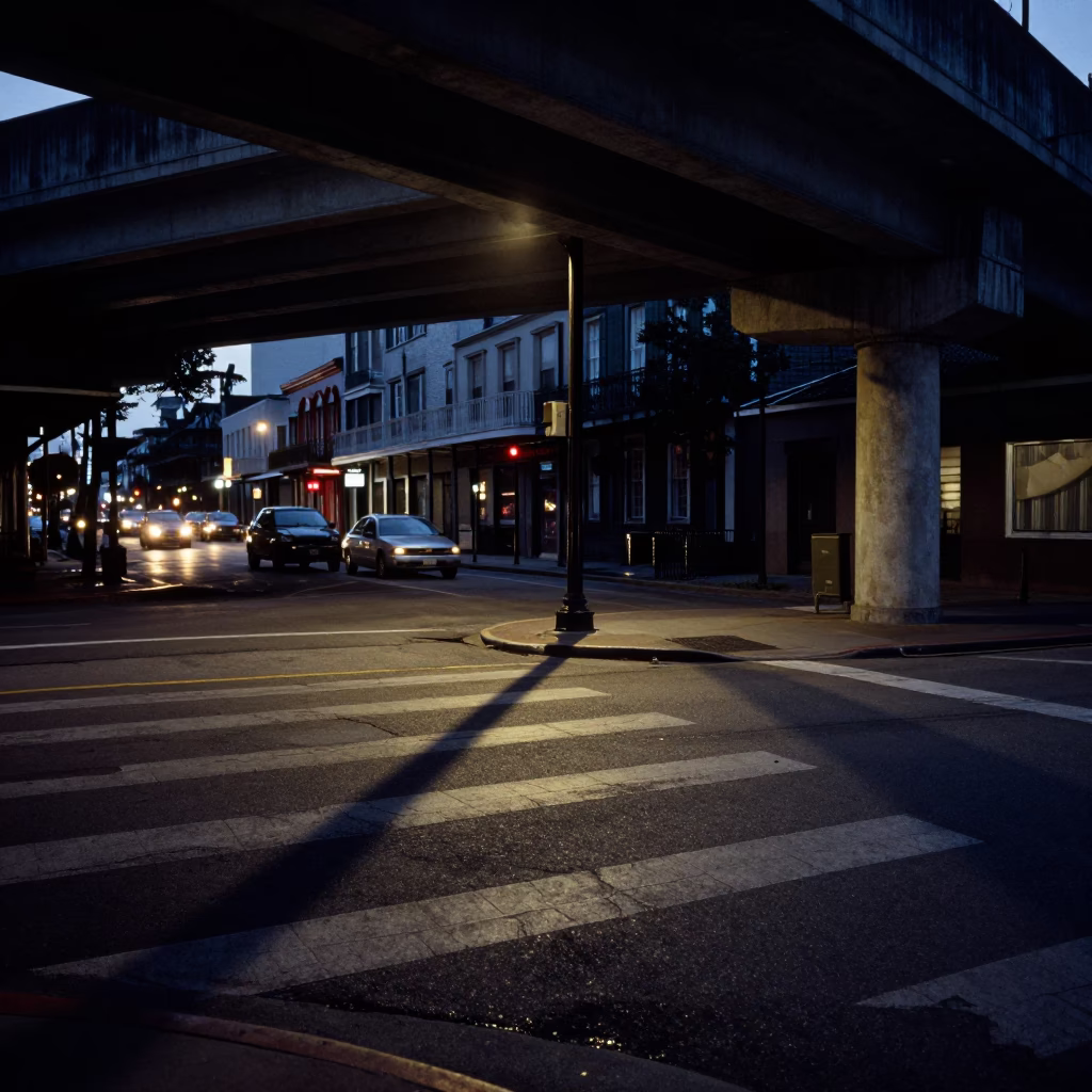 Street Corner in New Orleans at The Predawn Darkness Light in in New Orleans, Louisiana, United States