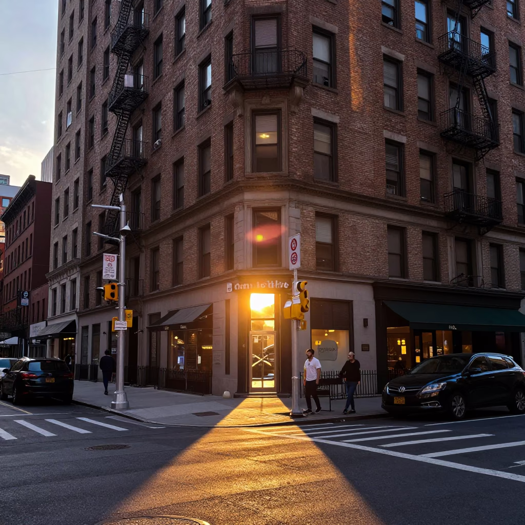 Street Corner in New York at As The Sun Drops Toward The Horizon in in New York, New York, United States