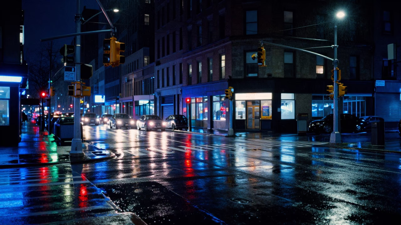 Street Corner in New York at Deep In The Night Light in in New York, New York, United States