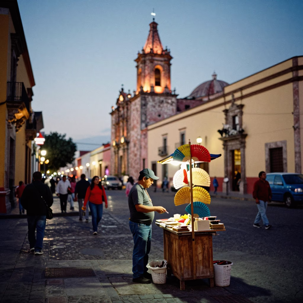 Street Corner in Oaxaca at As City Lights Begin To Glow in in Oaxaca, Mexico