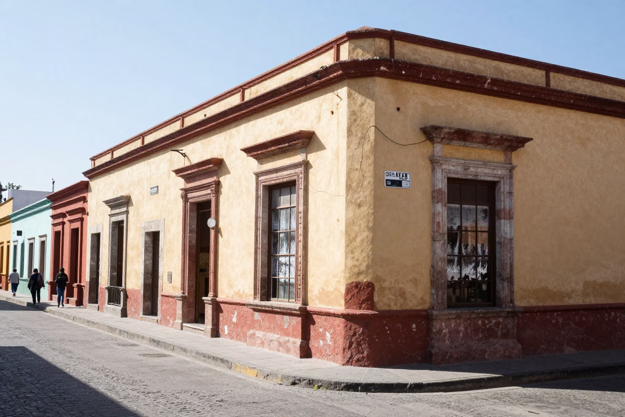 Street Corner in Oaxaca at Bright Midmorning Light in in Oaxaca, Mexico