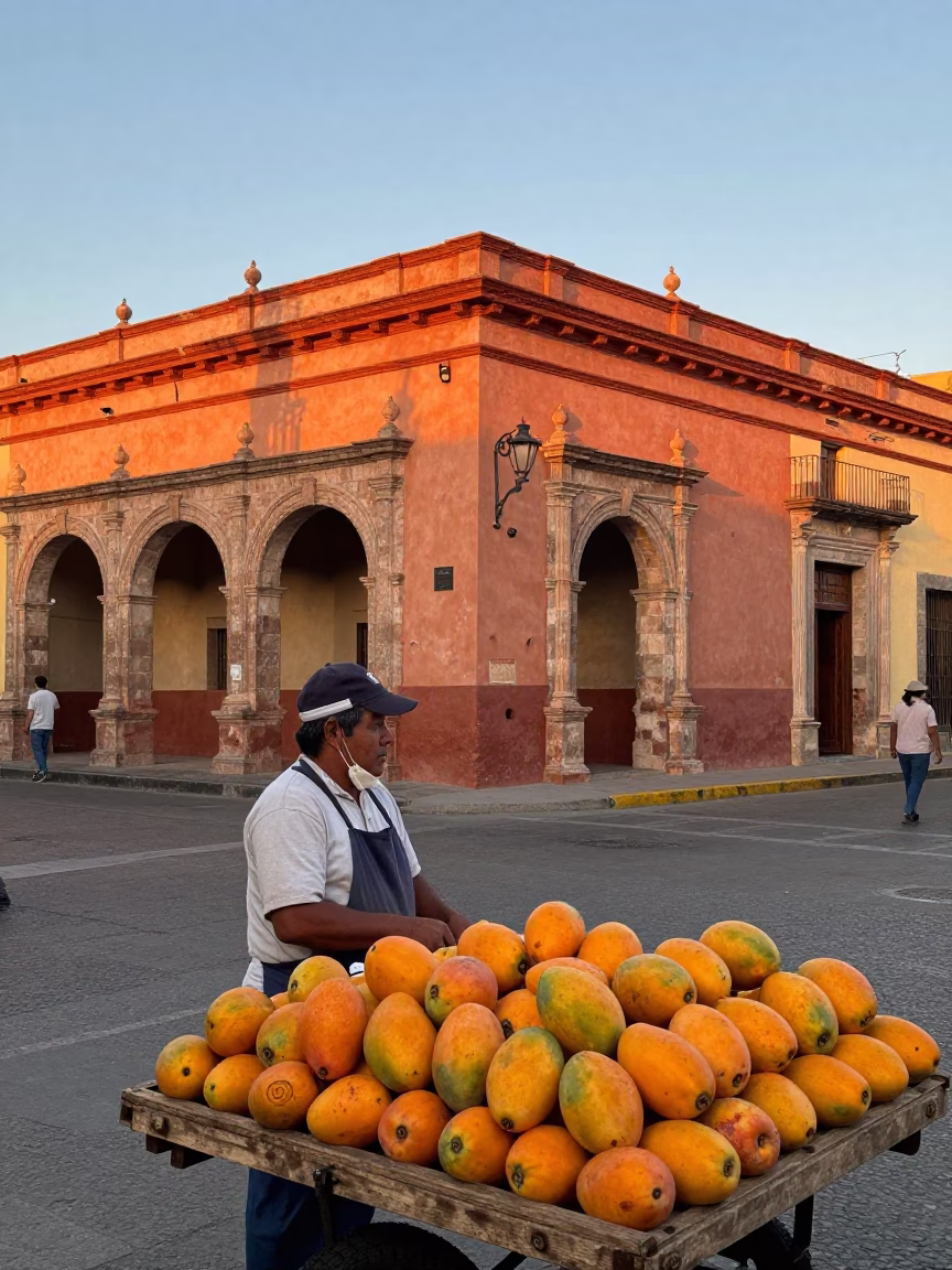Street Corner in Oaxaca at The Early Evening Light in in Oaxaca, Mexico