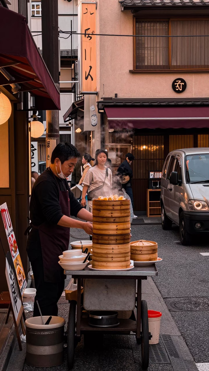 Street Corner in Osaka at Copper-toned Light Before Dusk in in Osaka, Japan