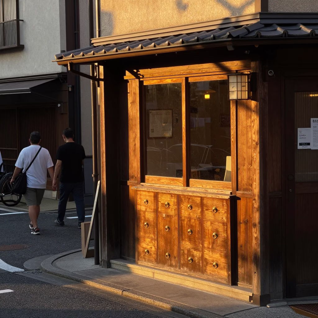 Street Corner in Osaka at Honeyed Evening Light in in Osaka, Japan