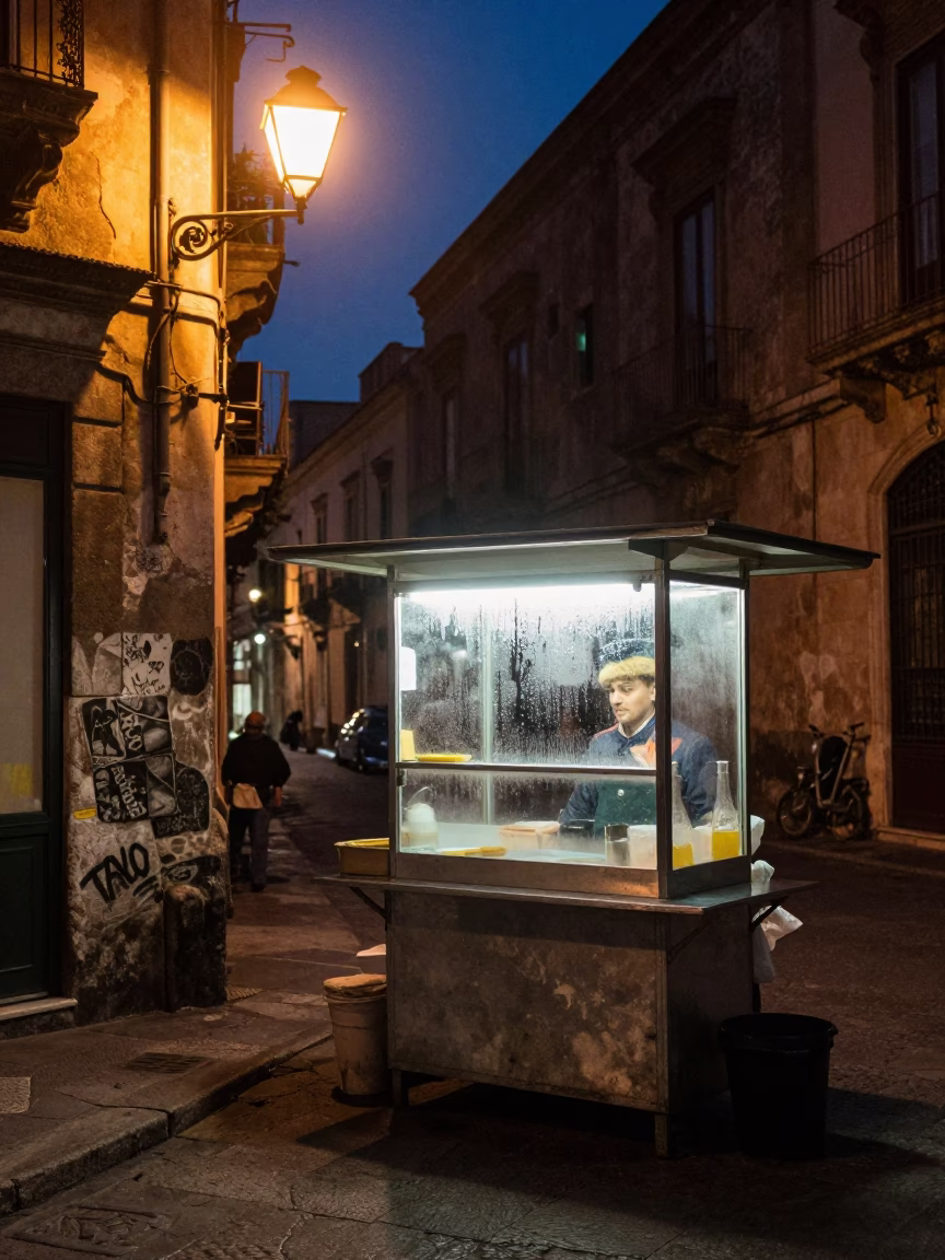 Street Corner in Palermo at Late At Night Light in in Palermo, Italy