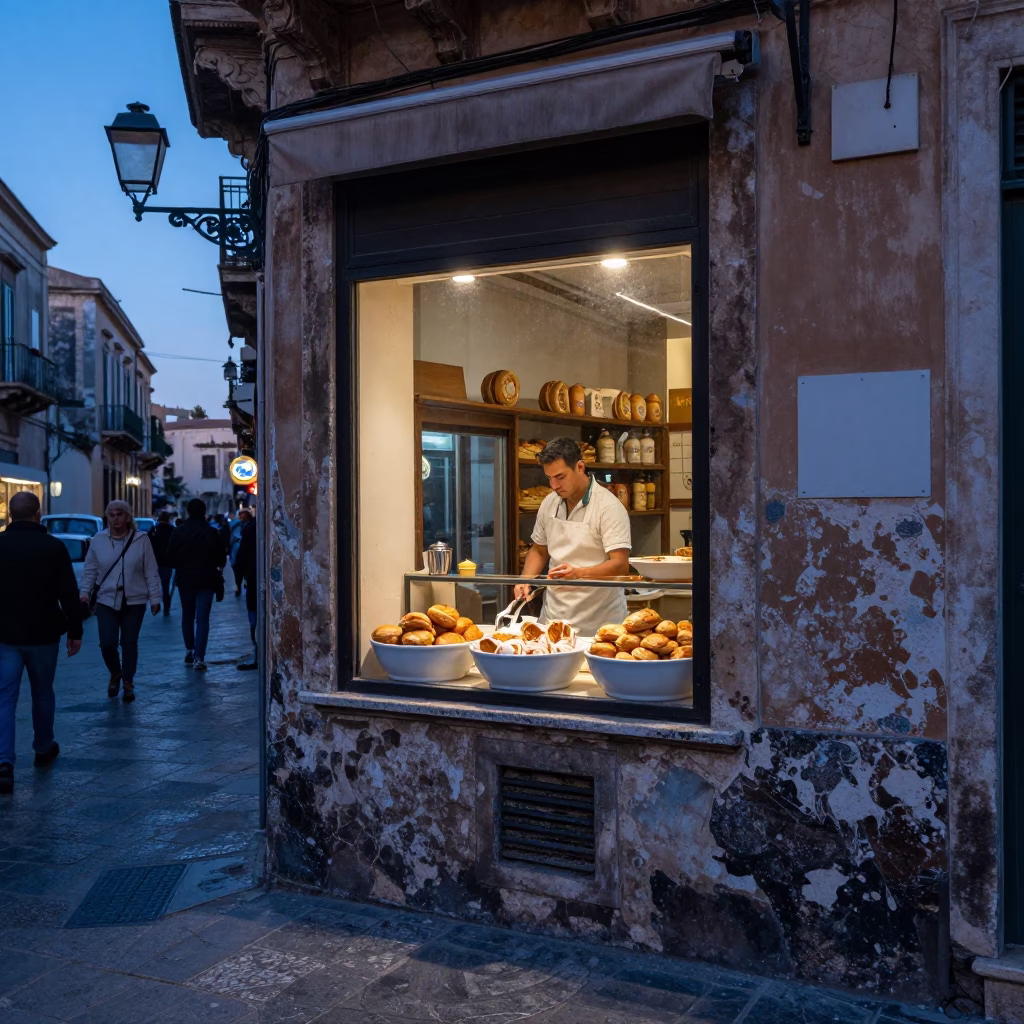 Street Corner in Palermo at Nautical Dawn Light in in Palermo, Italy